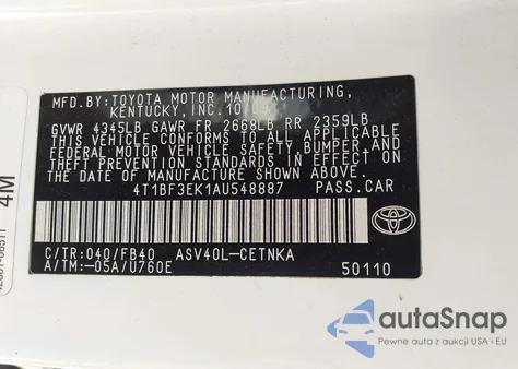 2010 Toyota Camry Le z USA, uszkodzony, nr VIN 4T1BF3EK1AU548887